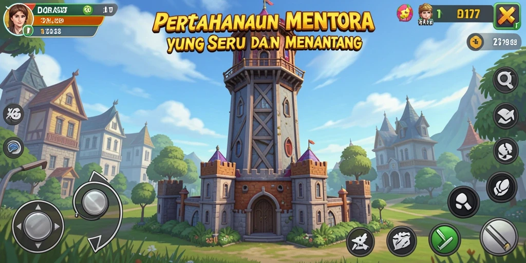 Tangkapan layar gameplay DORA77 yang menunjukkan pertahanan menara yang epik.