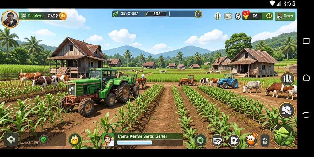 Screenshot menunjukkan gameplay FA99 dengan berbagai tanaman yang tumbuh subur.