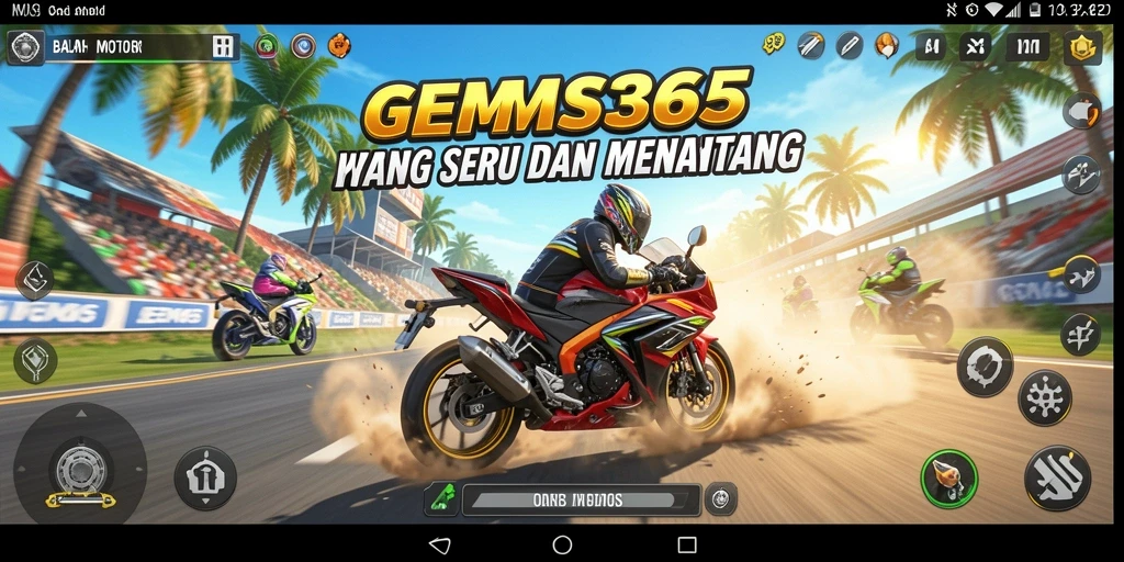 Tampilan gameplay GEMS365 yang mendebarkan saat balapan motor.