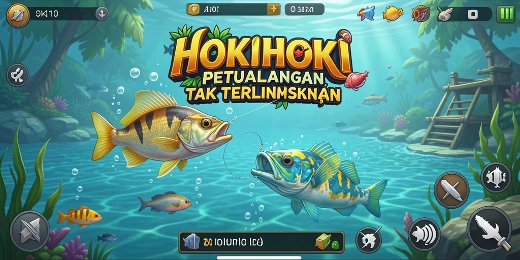 Screenshot HOKIHOKI menampilkan momen menangkap ikan di danau yang indah.