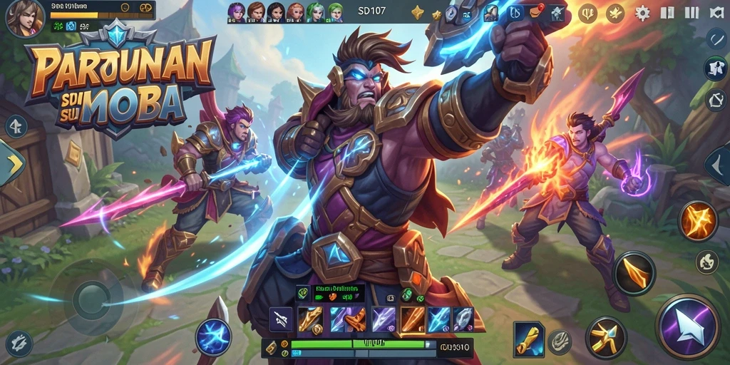 Screenshot utama SD107 menunjukkan aksi pertempuran yang menegangkan dalam game MOBA.