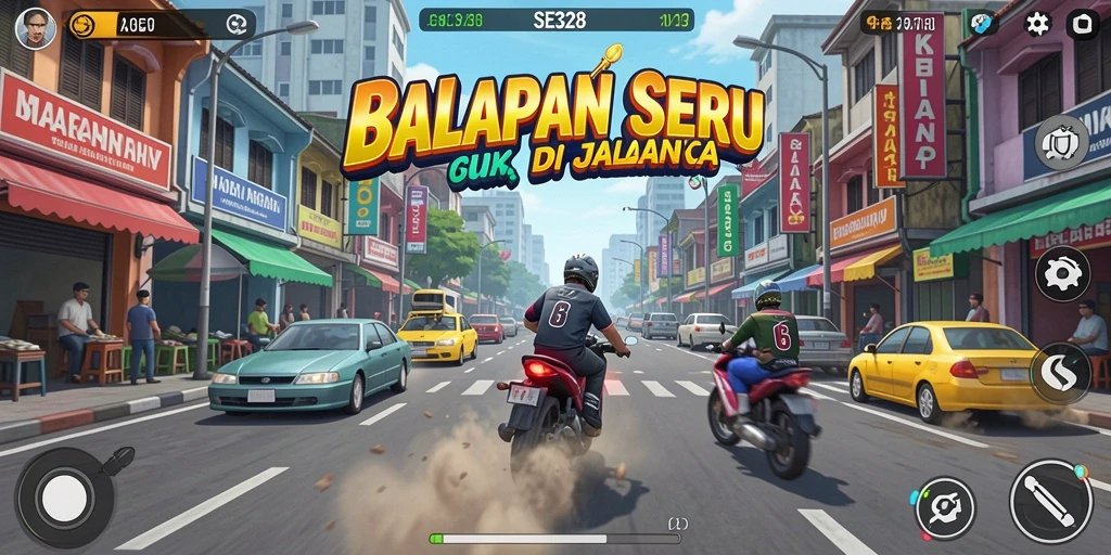Screenshot gameplay SE328 yang menampilkan aksi balapan mendebarkan.