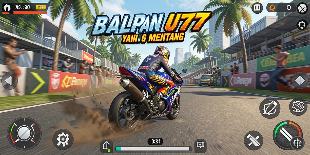 Screenshot UT77 menampilkan aksi balapan motor yang mendebarkan.